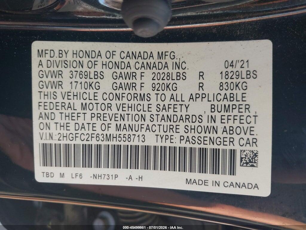 2HGFC2F63MH558713 2021 HONDA CIVIC photo no. 9