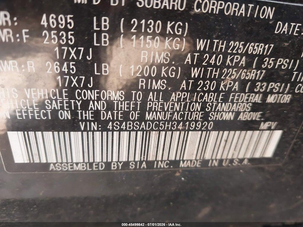 4S4BSADC5H3419920 2017 SUBARU OUTBACK photo no. 9