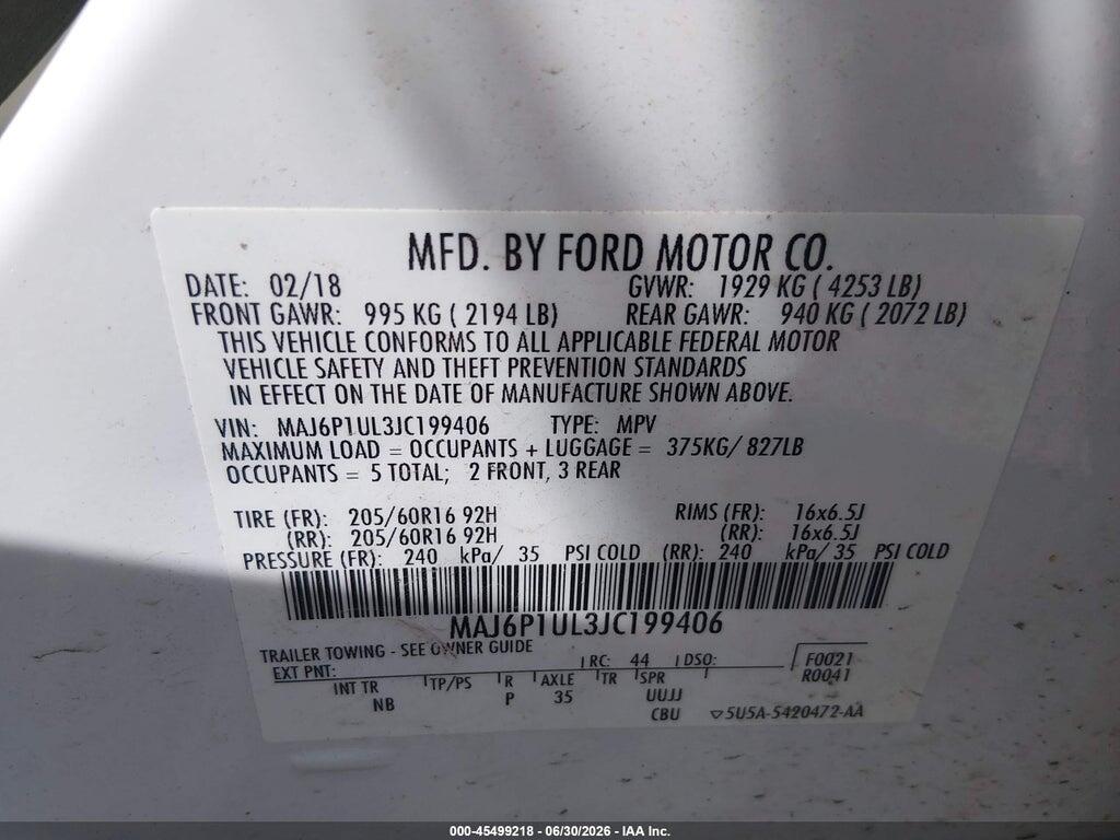 MAJ6P1UL3JC199406 2018 FORD ECOSPORT photo no. 9