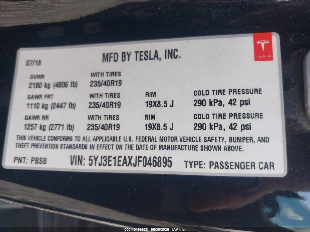 5YJ3E1EAXJF046895 2018 TESLA MODEL 3 photo no. 9