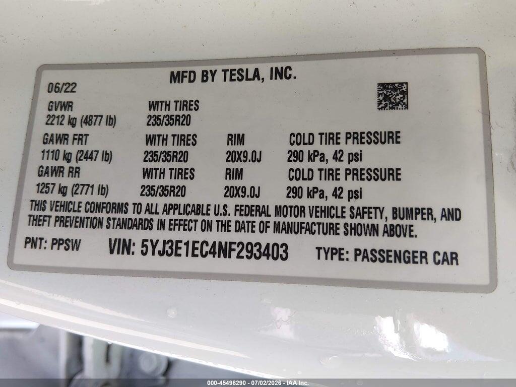 5YJ3E1EC4NF293403 2022 TESLA MODEL 3 photo no. 9