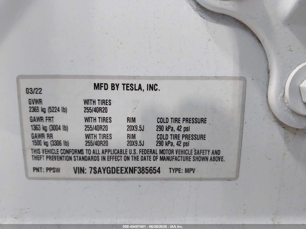 7SAYGDEEXNF385654 2022 TESLA MODEL Y photo no. 9