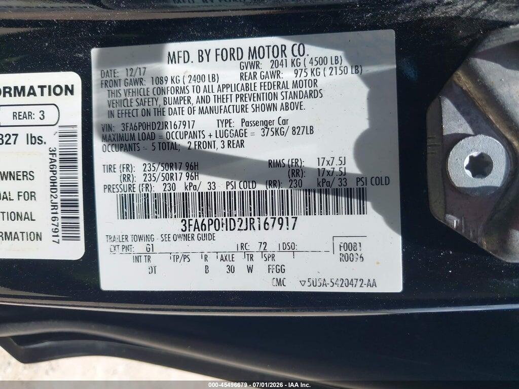 3FA6P0HD2JR167917 2018 FORD FUSION photo no. 9