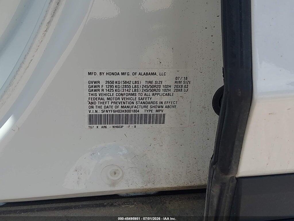 5FNYF6H03KB001804 2019 HONDA PILOT photo no. 9