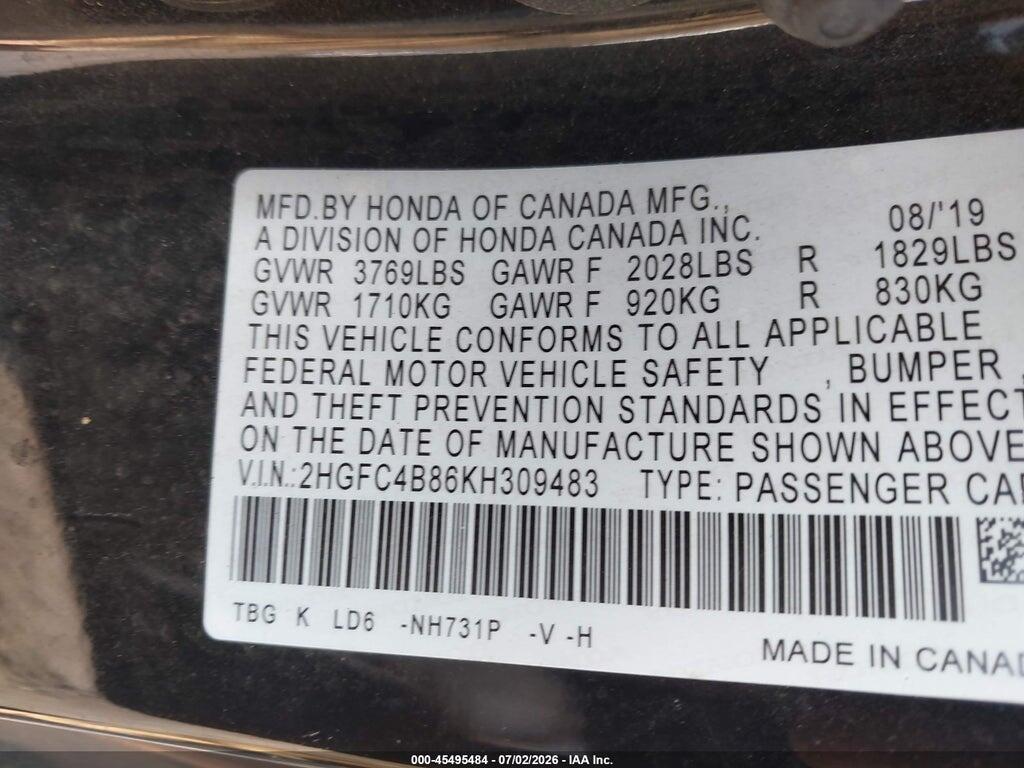 2HGFC4B86KH309483 2019 HONDA CIVIC photo no. 9
