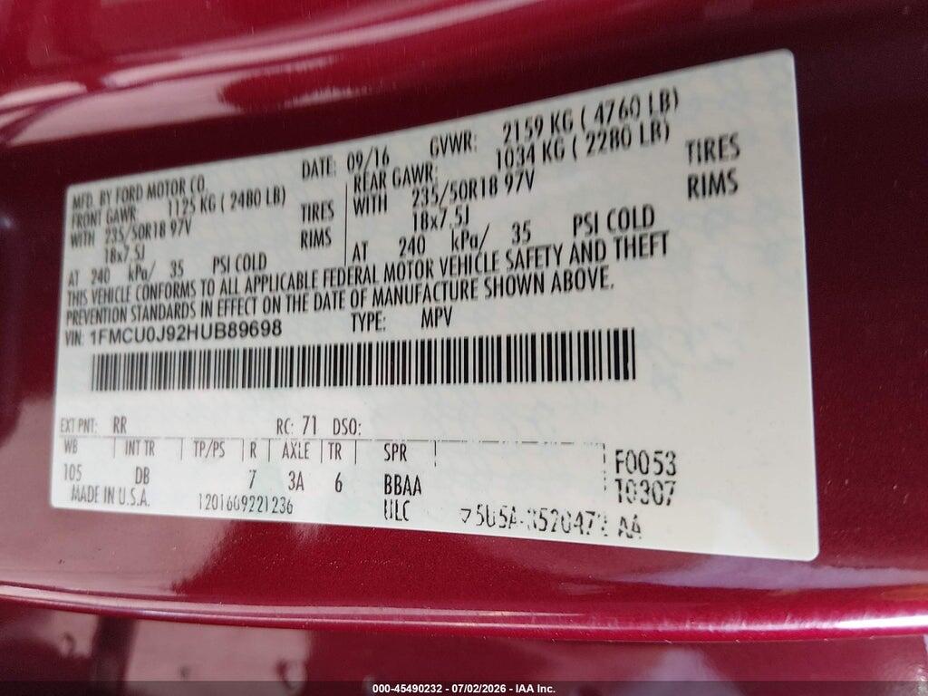 1FMCU0J92HUB89698 2017 FORD ESCAPE photo no. 9