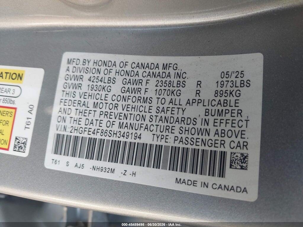 2HGFE4F86SH349194 2025 HONDA CIVIC HYBRID photo no. 9