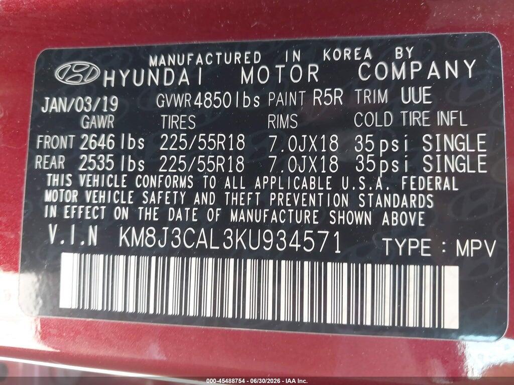 KM8J3CAL3KU934571 2019 HYUNDAI TUCSON photo no. 9