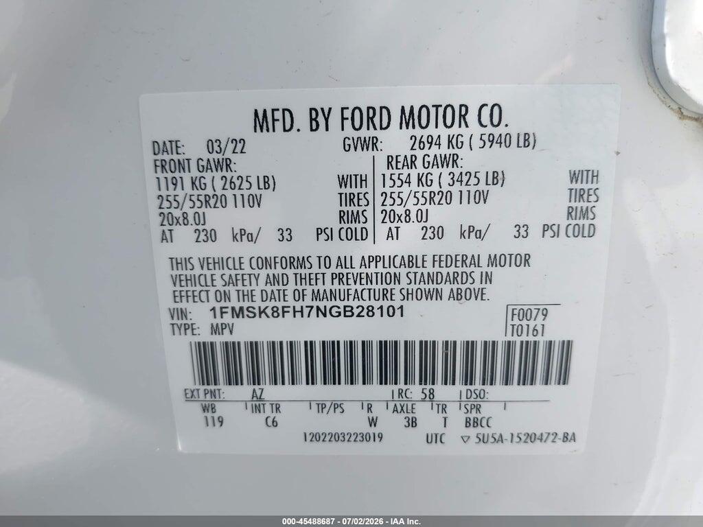 1FMSK8FH7NGB28101 2022 FORD EXPLORER photo no. 9
