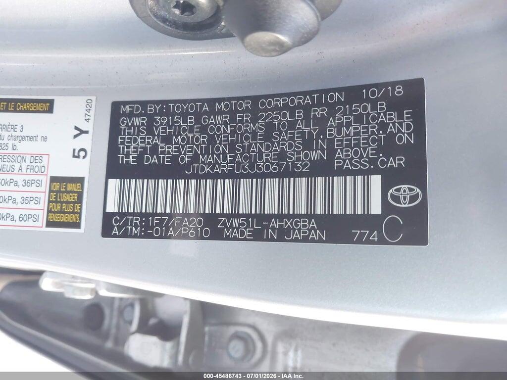 JTDKARFU3J3067132 2018 TOYOTA PRIUS photo no. 9