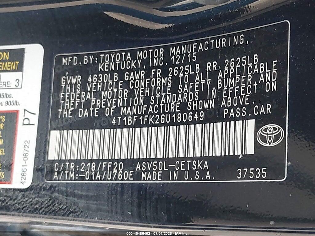 4T1BF1FK2GU180649 2016 TOYOTA CAMRY photo no. 9
