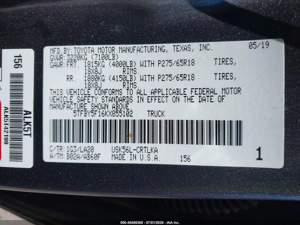 5TFBY5F16KX855102 2019 TOYOTA TUNDRA photo no. 9