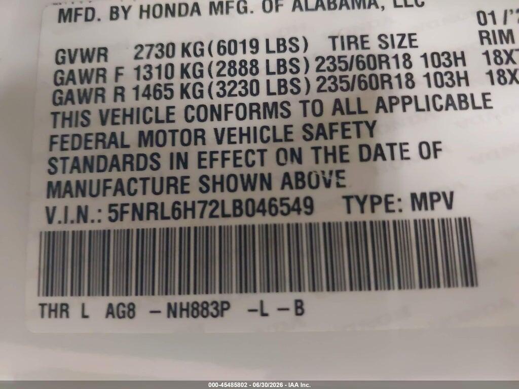 5FNRL6H72LB046549 2020 HONDA ODYSSEY photo no. 9