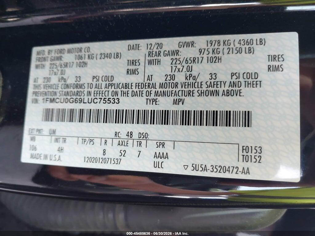 1FMCU0G69LUC75533 2020 FORD ESCAPE photo no. 9