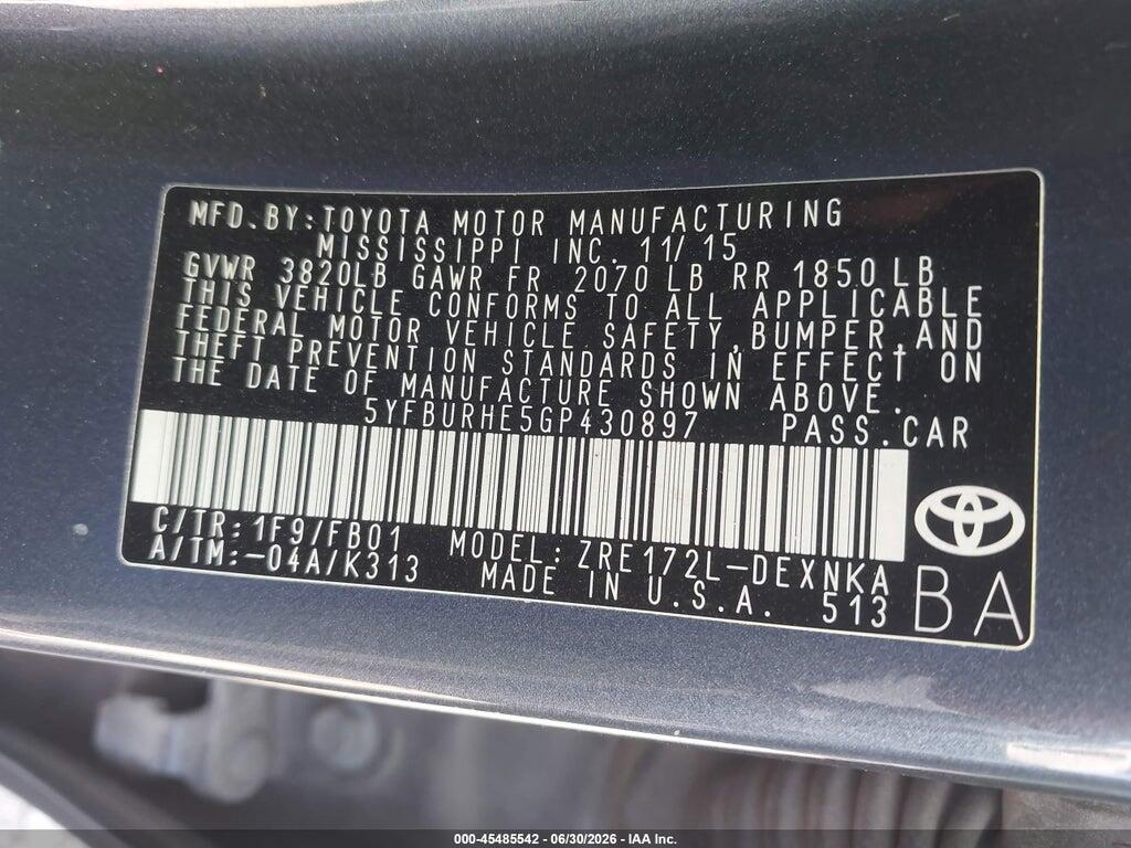 5YFBURHE5GP430897 2016 TOYOTA COROLLA photo no. 9