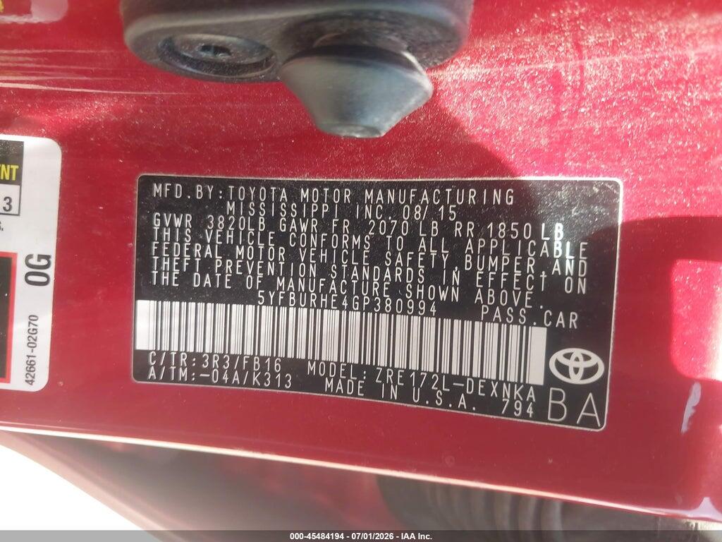 5YFBURHE4GP380994 2016 TOYOTA COROLLA photo no. 9