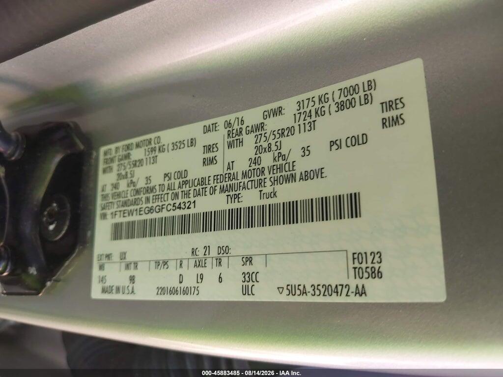 1FTEW1EG6GFC54321 2016 FORD F-150 photo no. 9