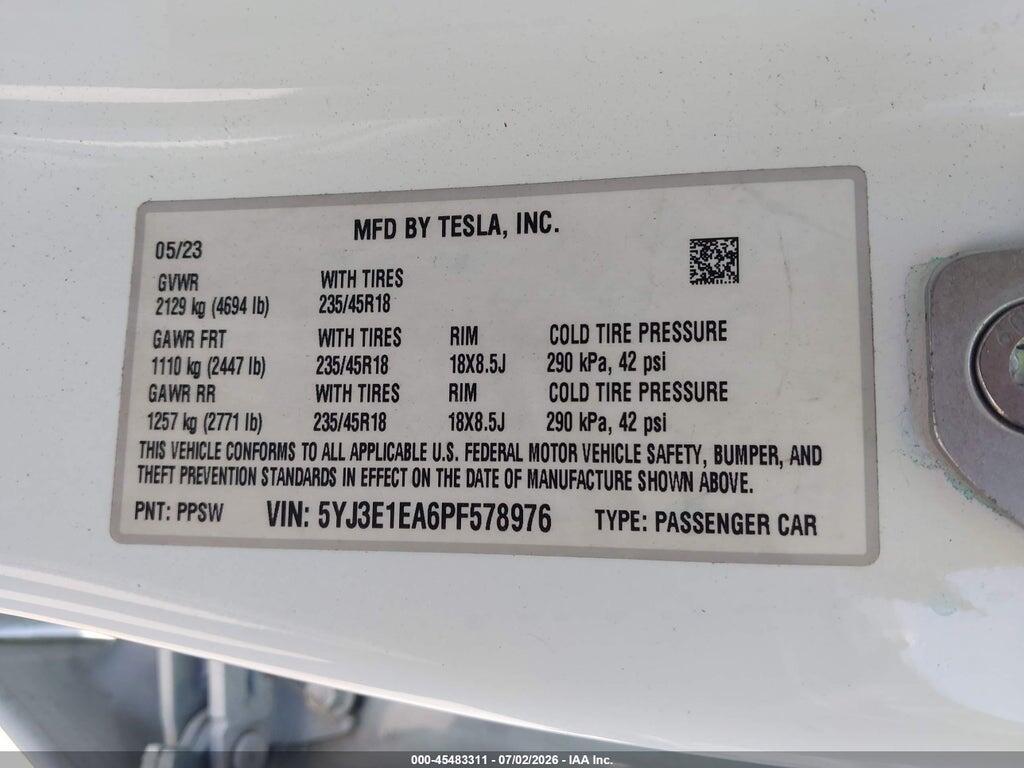 5YJ3E1EA6PF578976 2023 TESLA MODEL 3 photo no. 9