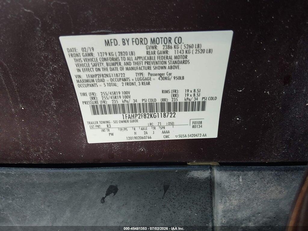 1FAHP2F82KG118722 2019 FORD TAURUS photo no. 9