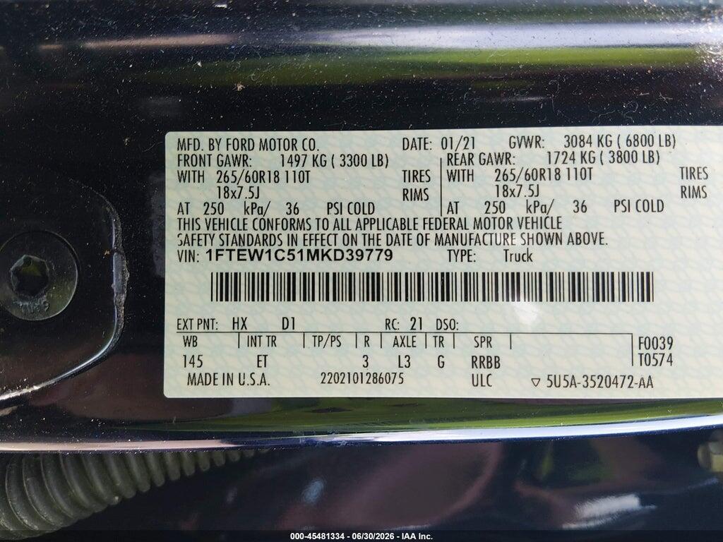 1FTEW1C51MKD39779 2021 FORD F-150 photo no. 9