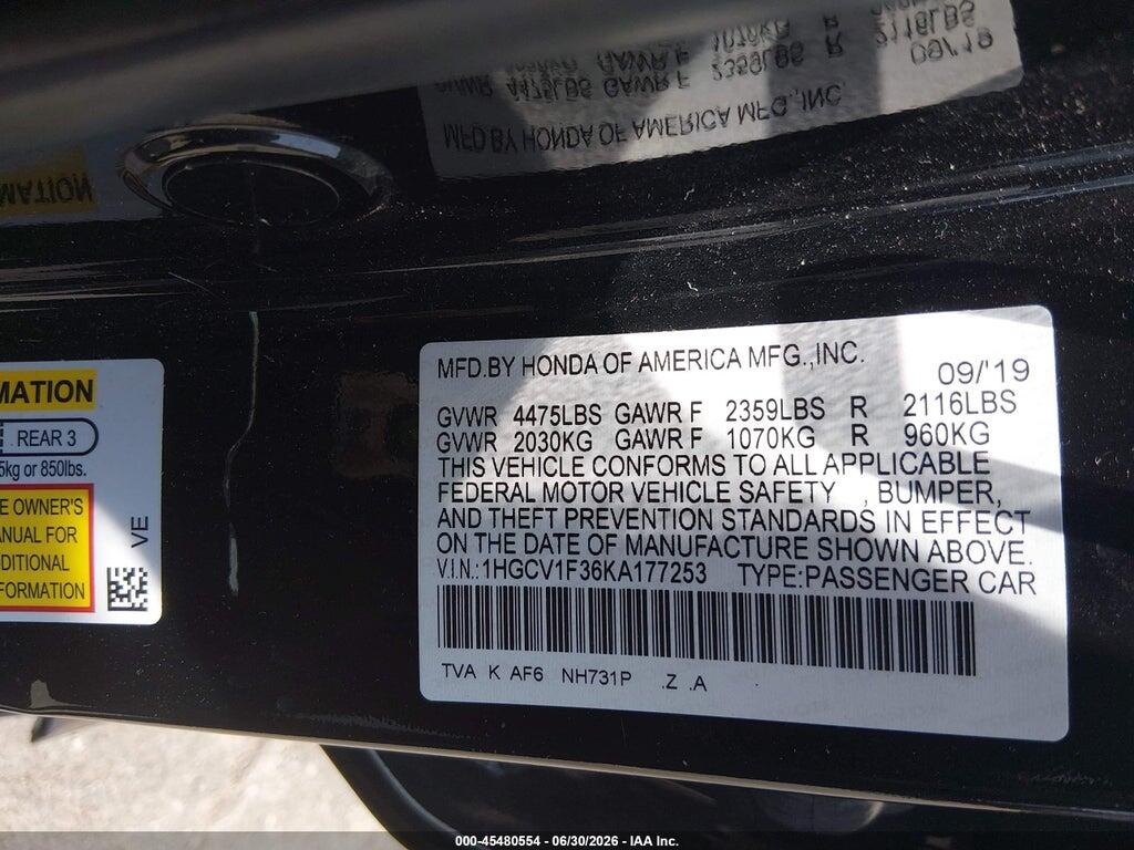 1HGCV1F36KA177253 2019 HONDA ACCORD photo no. 9