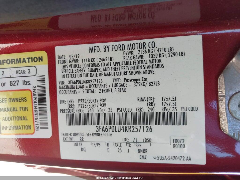 3FA6P0LU4KR257126 2019 FORD FUSION HYBRID photo no. 9