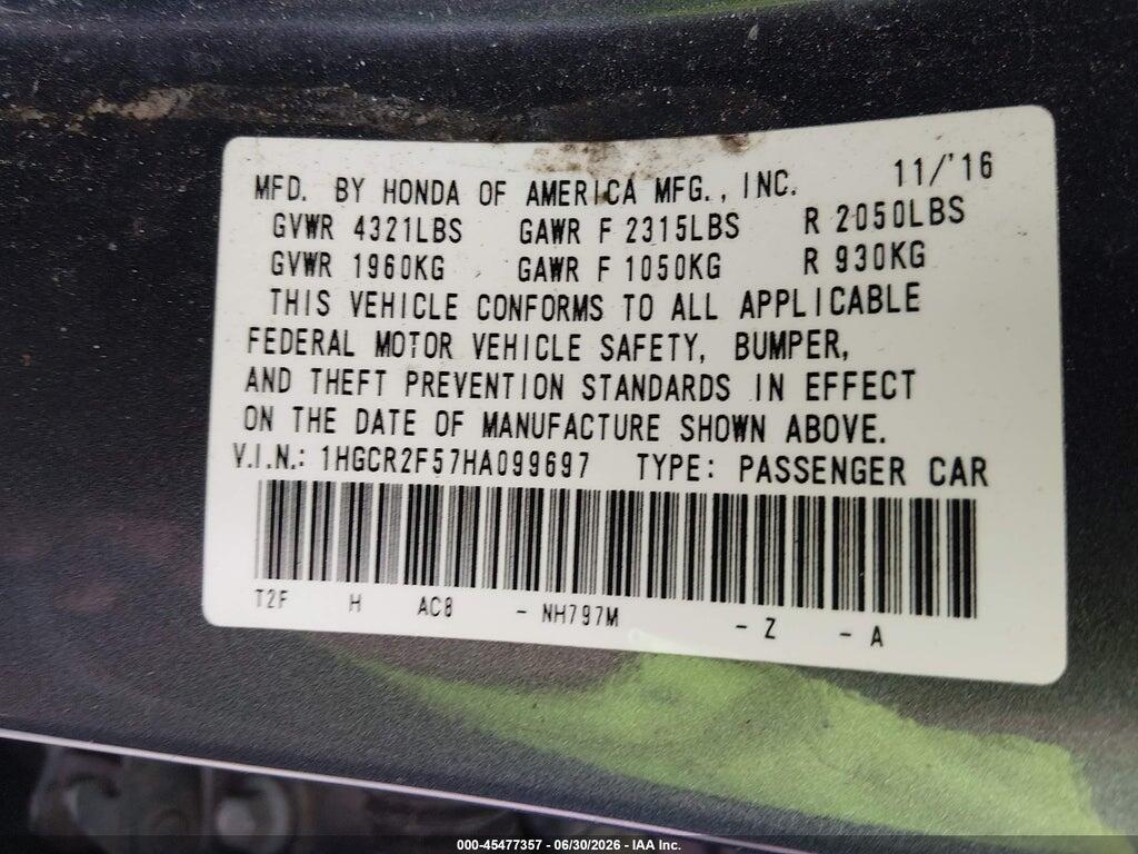 1HGCR2F57HA099697 2017 HONDA ACCORD photo no. 9
