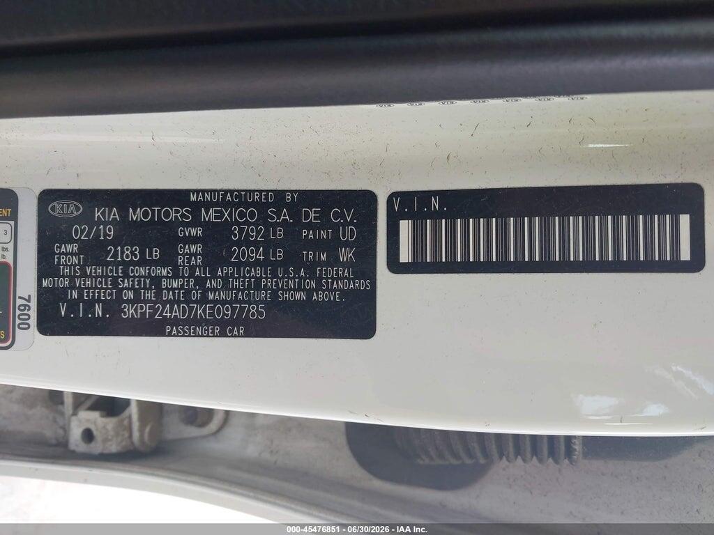 3KPF24AD7KE097785 2019 KIA FORTE photo no. 9