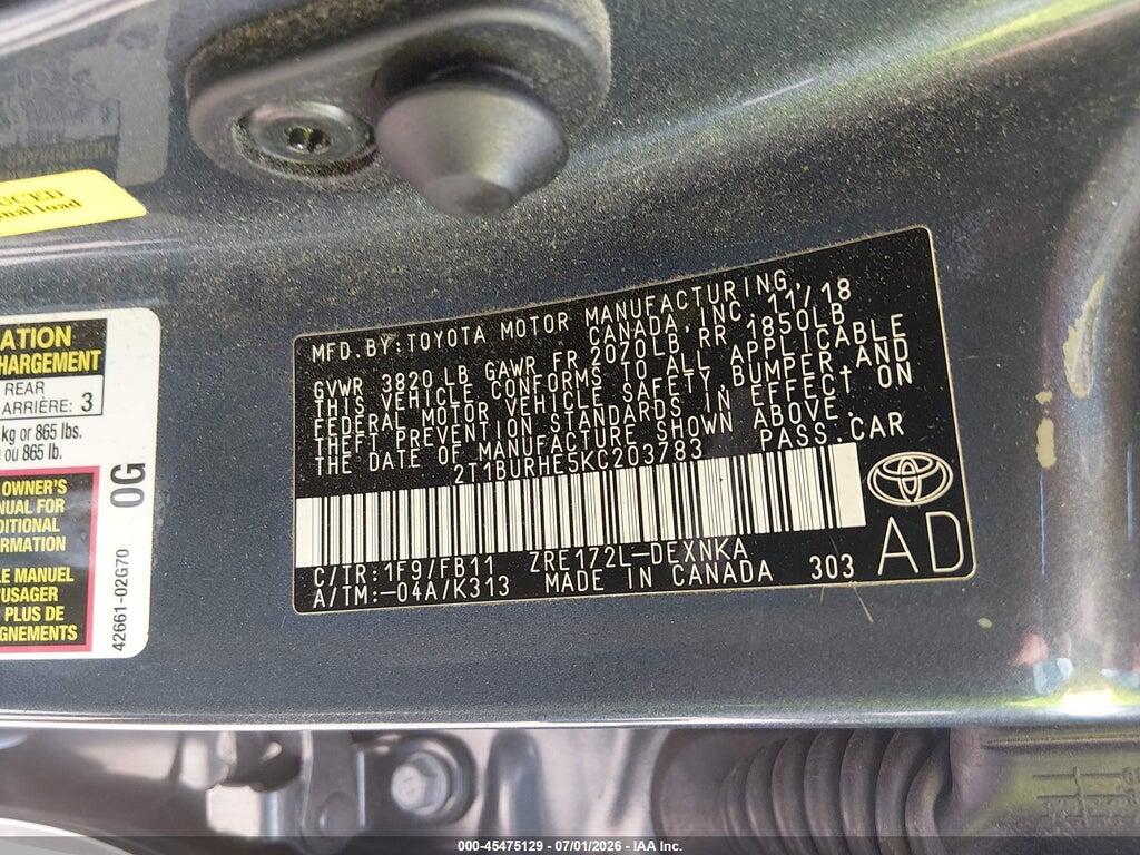 2T1BURHE5KC203783 2019 TOYOTA COROLLA photo no. 9