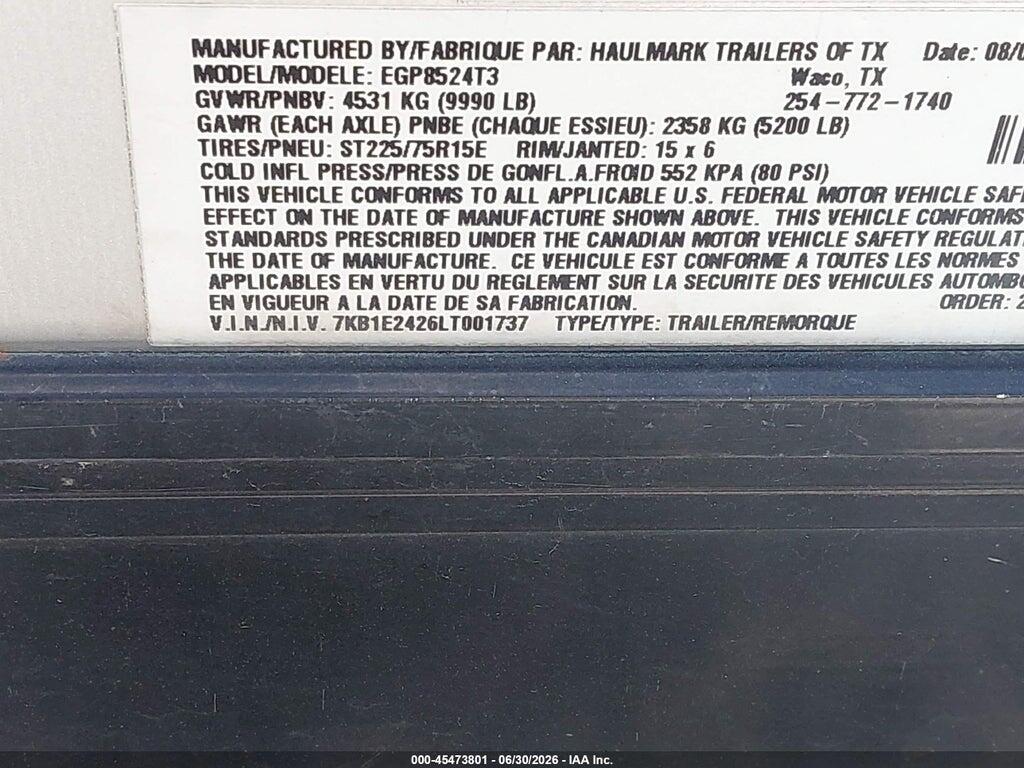 7KB1E2426LT001737 2020 HAULMARK TRAILER photo no. 9