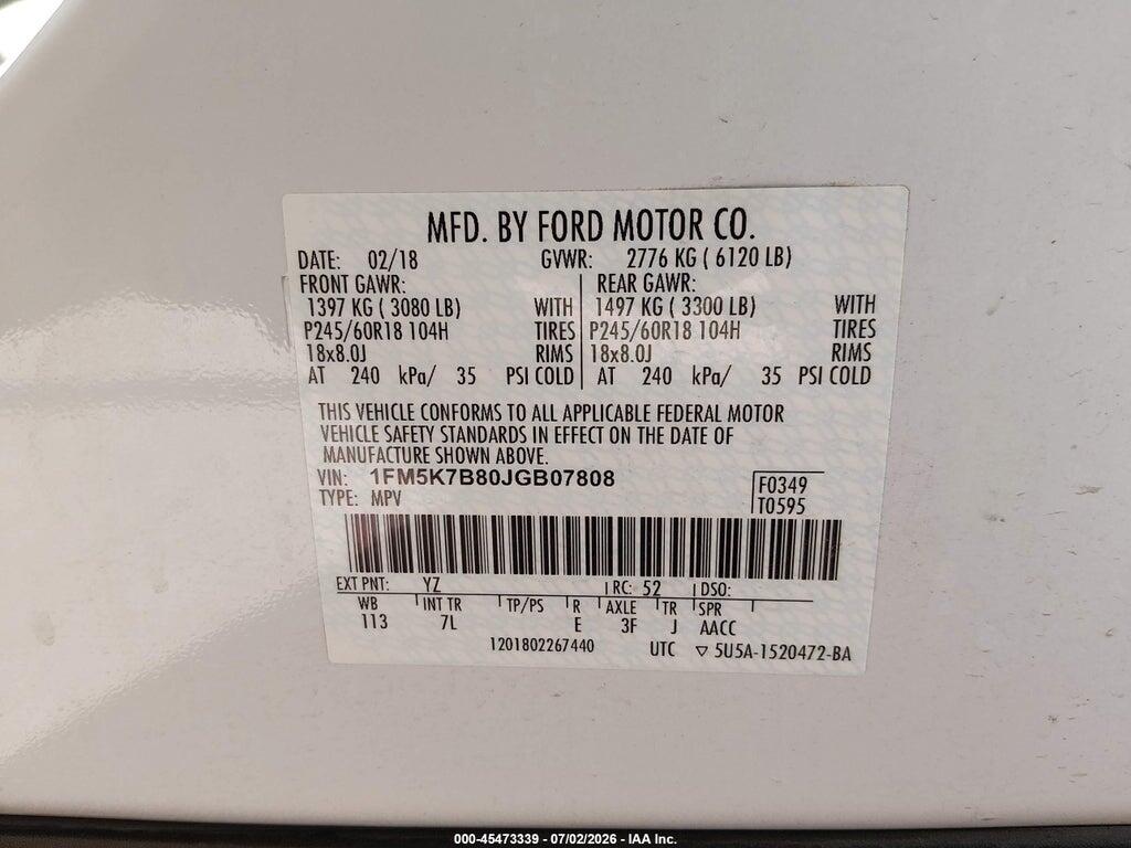 1FM5K7B80JGB07808 2018 FORD EXPLORER photo no. 9