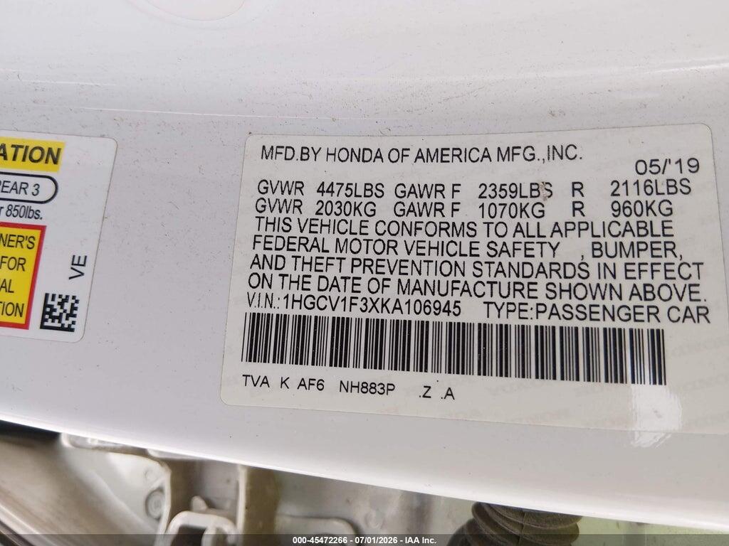 1HGCV1F3XKA106945 2019 HONDA ACCORD photo no. 9