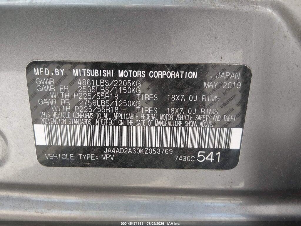 JA4AD2A30KZ053769 2019 MITSUBISHI OUTLANDER photo no. 9