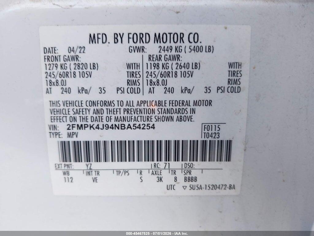 2FMPK4J94NBA54254 2022 FORD EDGE photo no. 9