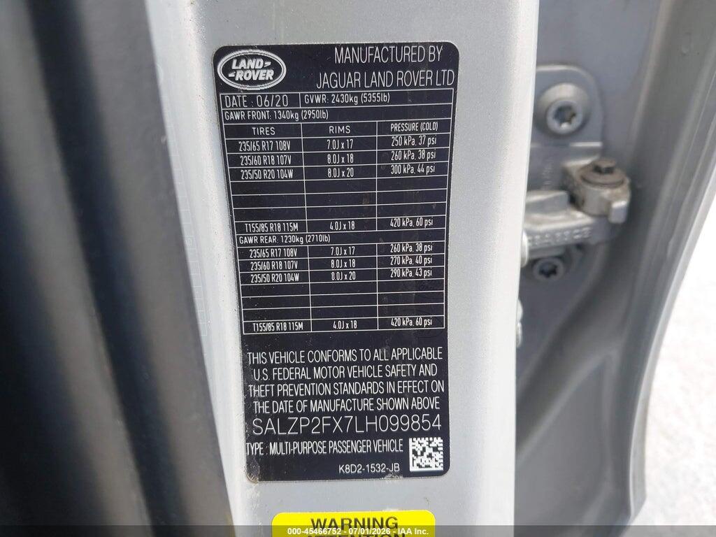 SALZP2FX7LH099854 2020 LAND ROVER RANGE ROVER EVOQUE photo no. 9
