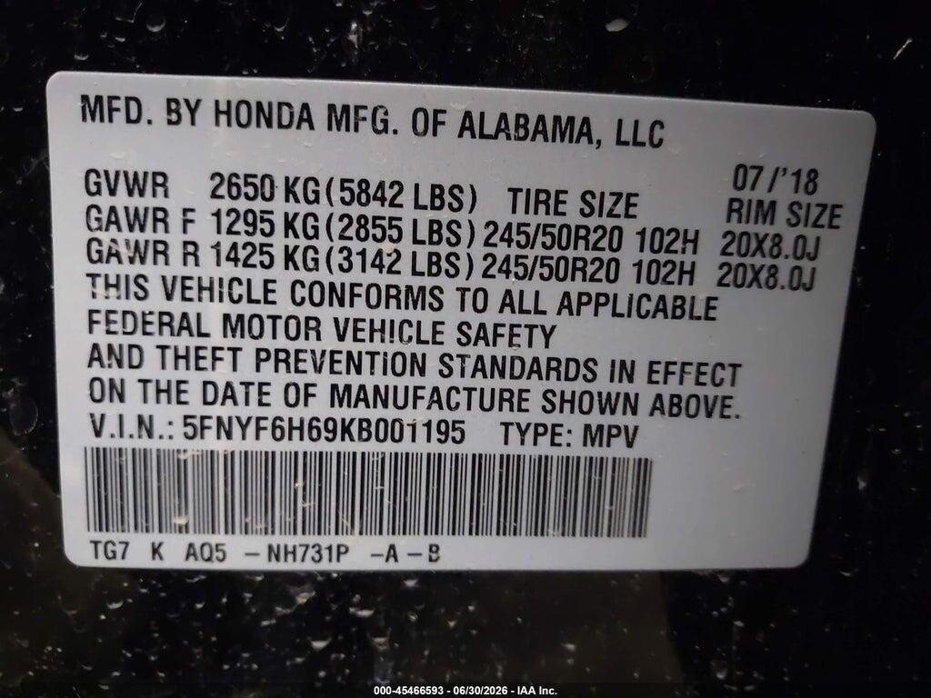 5FNYF6H69KB001195 2019 HONDA PILOT photo no. 9