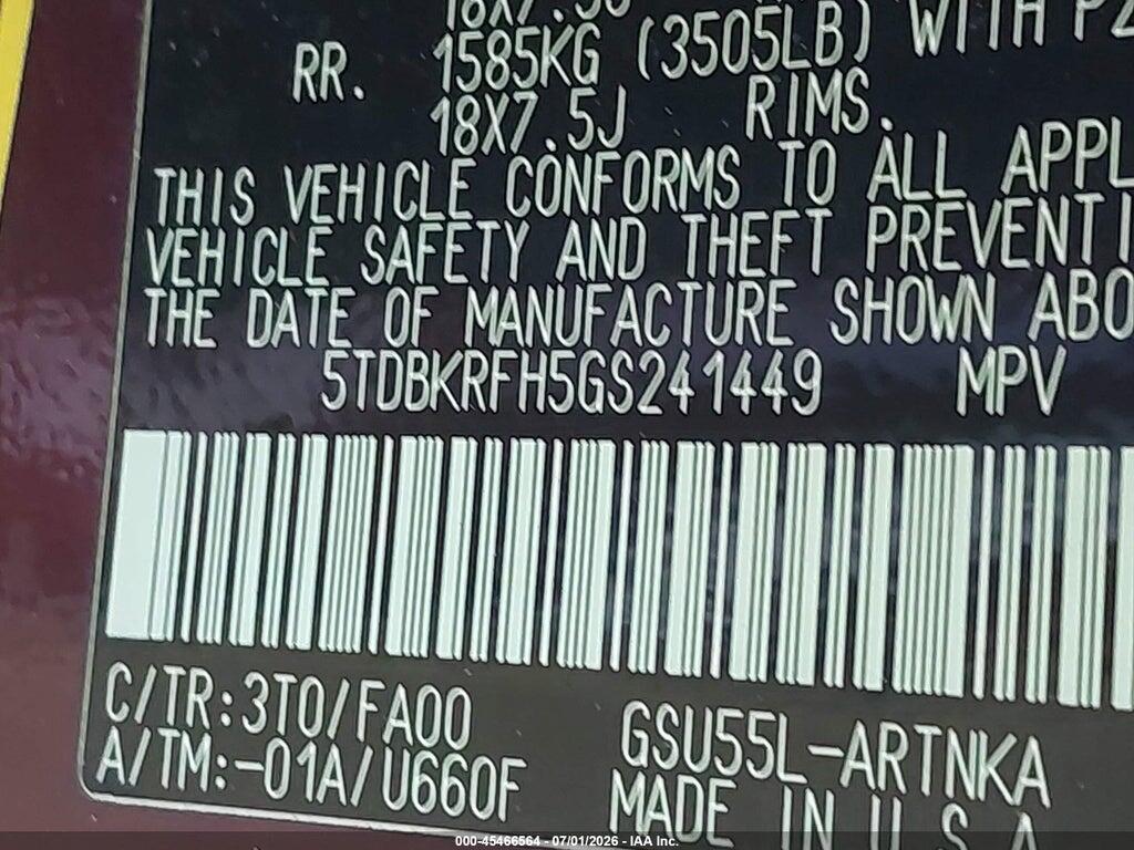 5TDBKRFH5GS241449 2016 TOYOTA HIGHLANDER photo no. 9