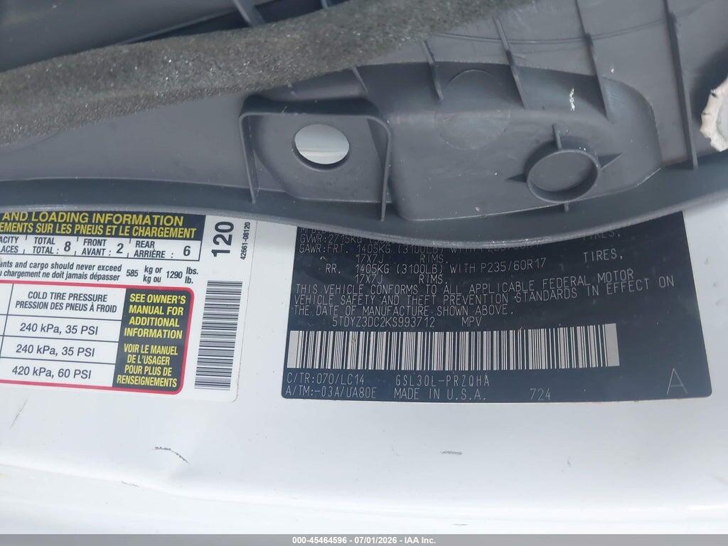 5TDYZ3DC2KS993712 2019 TOYOTA SIENNA photo no. 9