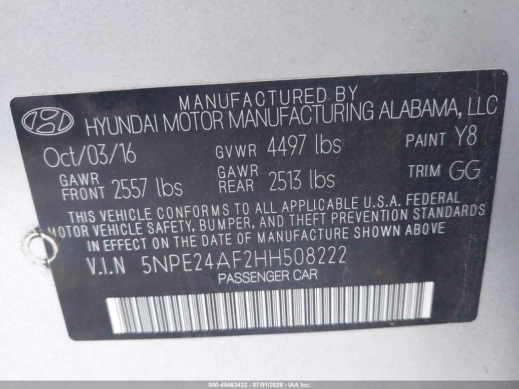 5NPE24AF2HH508222 2017 HYUNDAI SONATA photo no. 9