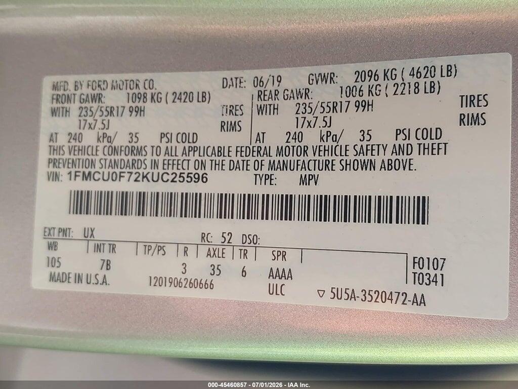 1FMCU0F72KUC25596 2019 FORD ESCAPE photo no. 9