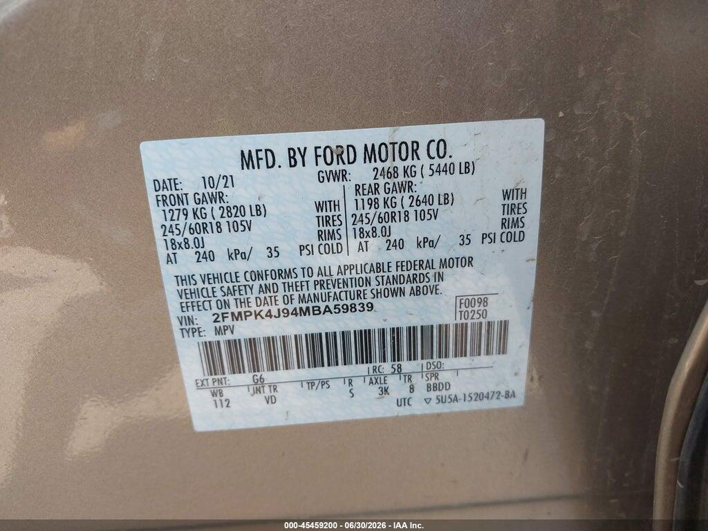 2FMPK4J94MBA59839 2021 FORD EDGE photo no. 9