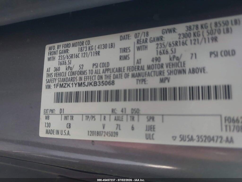 1FMZK1YM5JKB35068 2018 FORD TRANSIT-150 photo no. 9