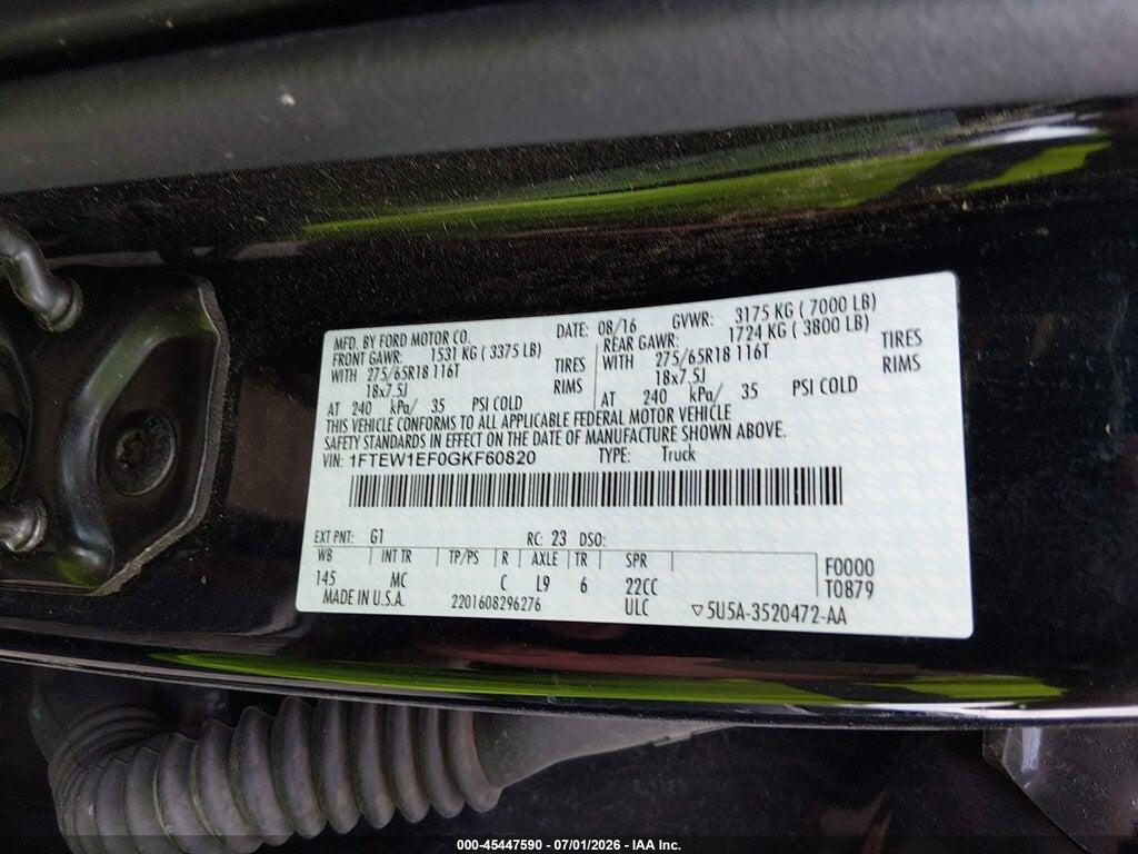 1FTEW1EF0GKF60820 2016 FORD F-150 photo no. 9