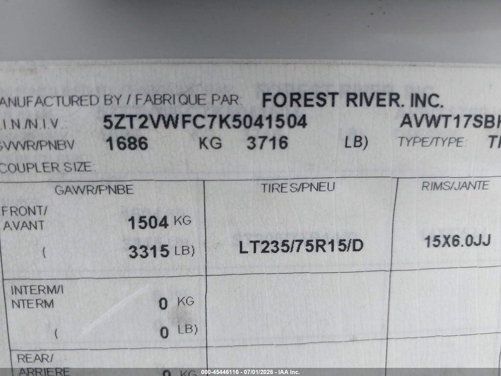 5ZT2VWFC7K5041504 2019 FOREST RIVER 17BH SAGA photo no. 9