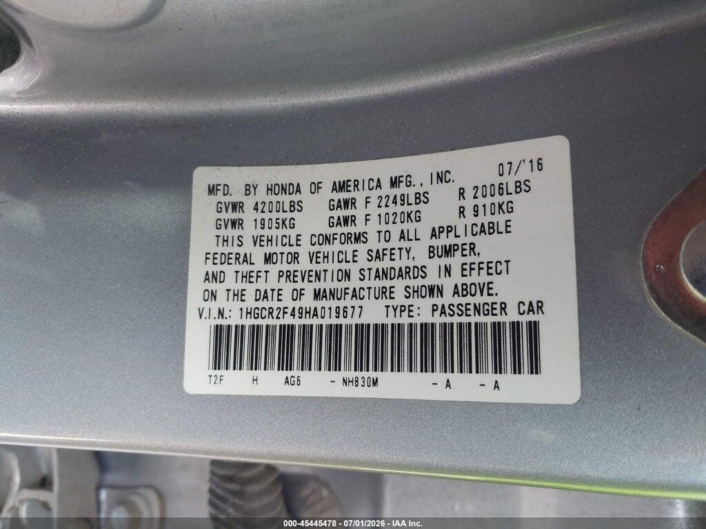 1HGCR2F49HA019677 2017 HONDA ACCORD photo no. 9