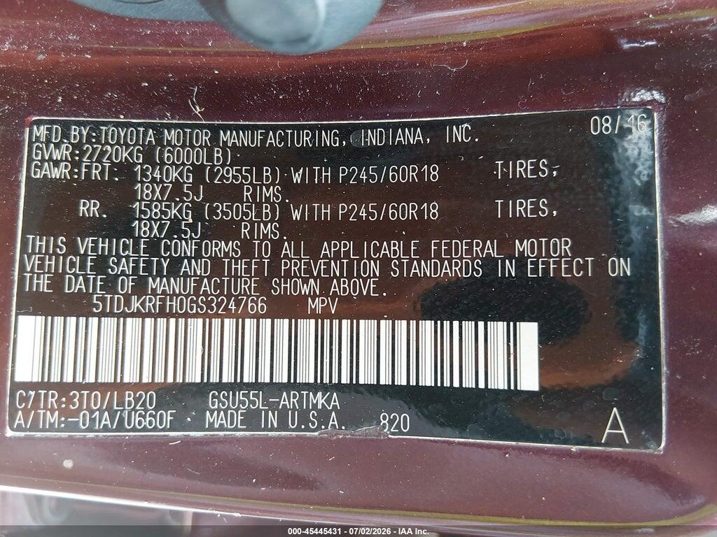 5TDJKRFH0GS324766 2016 TOYOTA HIGHLANDER photo no. 9
