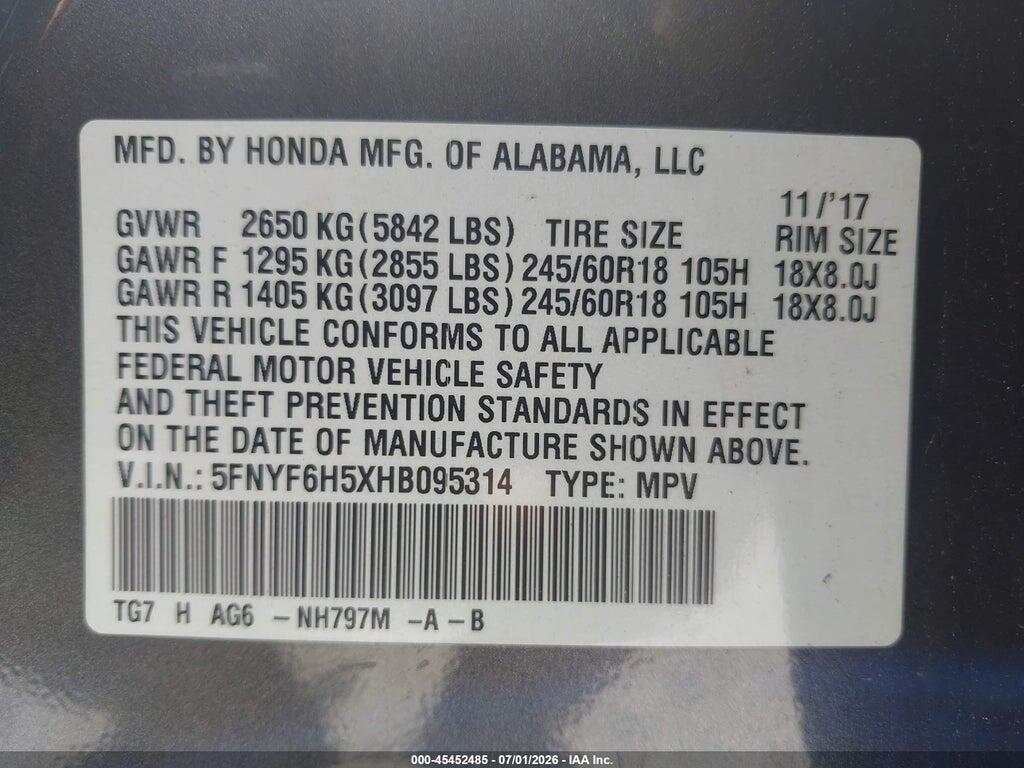 5FNYF6H5XHB095314 2017 HONDA PILOT photo no. 9