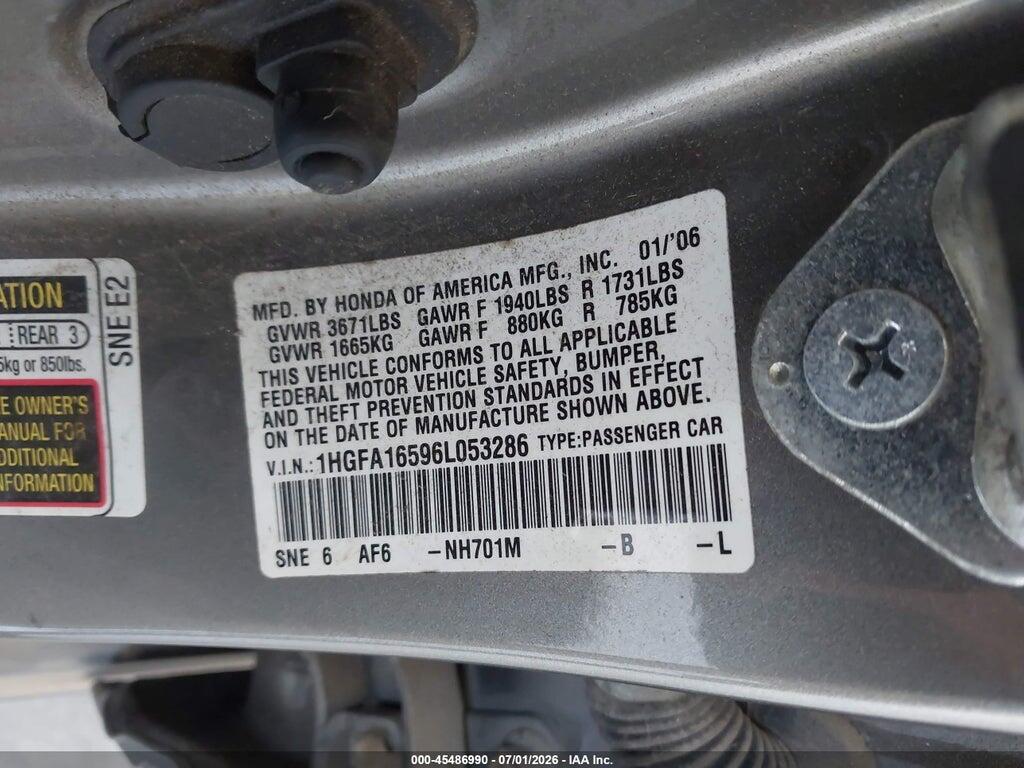 1HGFA16596L053286 2006 HONDA CIVIC photo no. 9