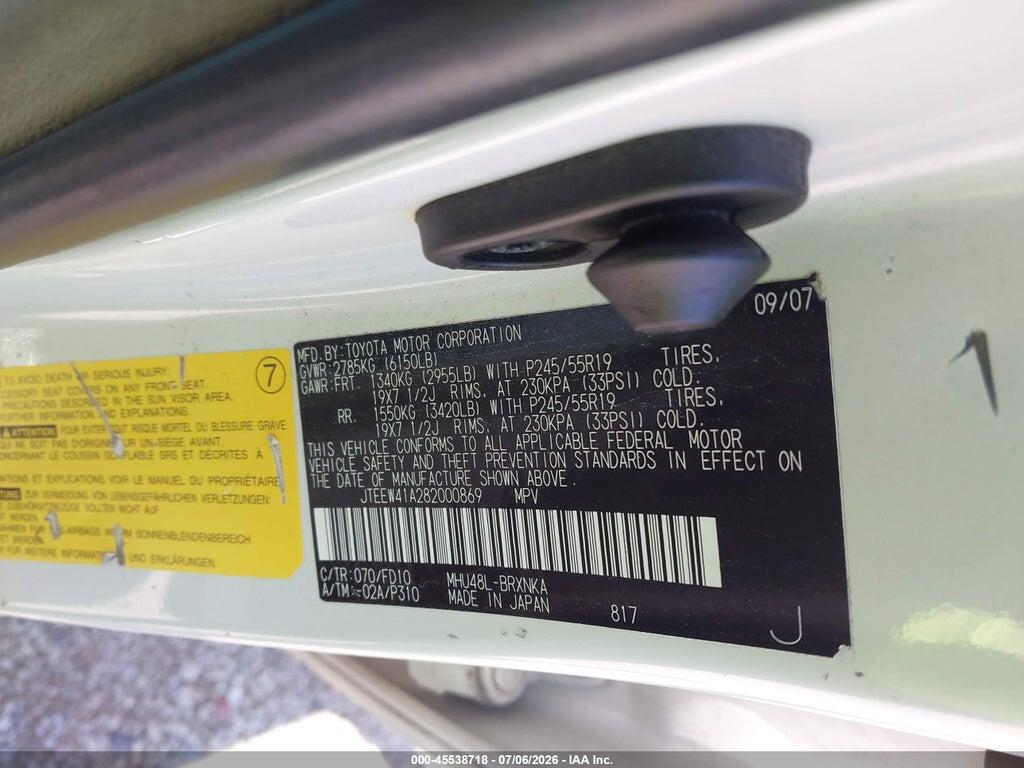 JTEEW41A282000869 2008 TOYOTA HIGHLANDER HYBRID photo no. 9
