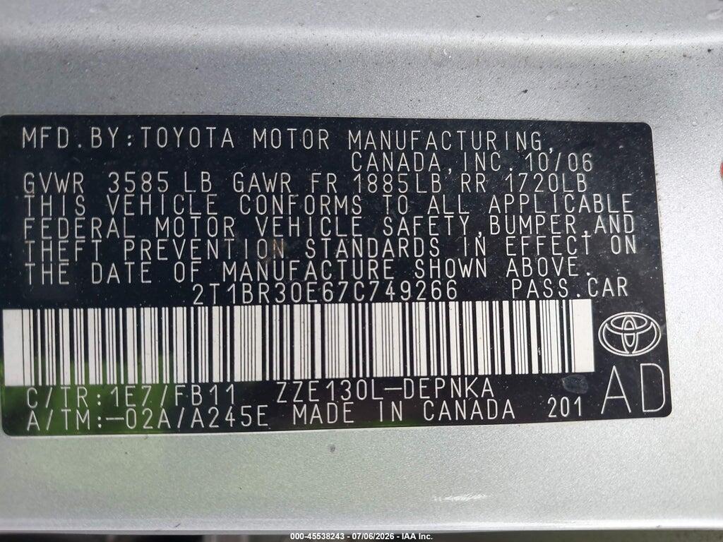 2T1BR30E67C749266 2007 TOYOTA COROLLA photo no. 9